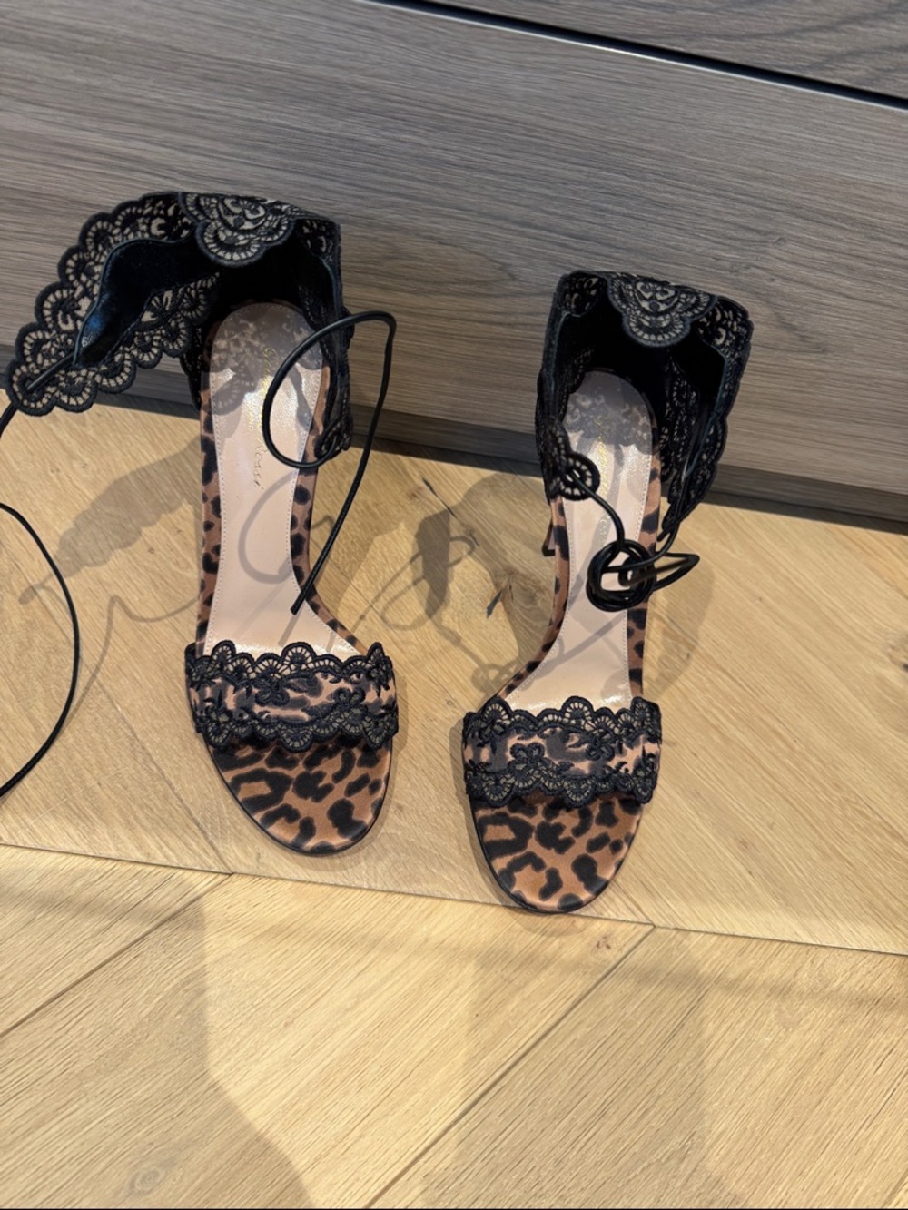 Gianvito Rossi Black Lace & Leopard Print Ankle-Tie Heels